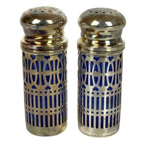 Godinger Filigree Silver Plate Cobalt Blue Glass Mini Salt Pepper Shakers